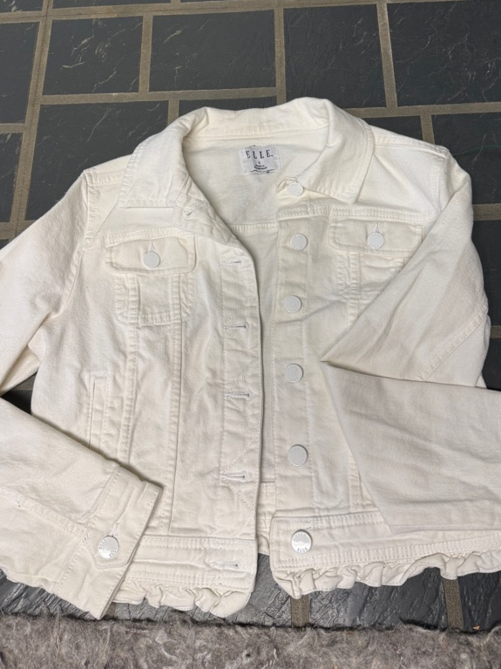 Elle Cream Ruffle-Hem Denim Jacket